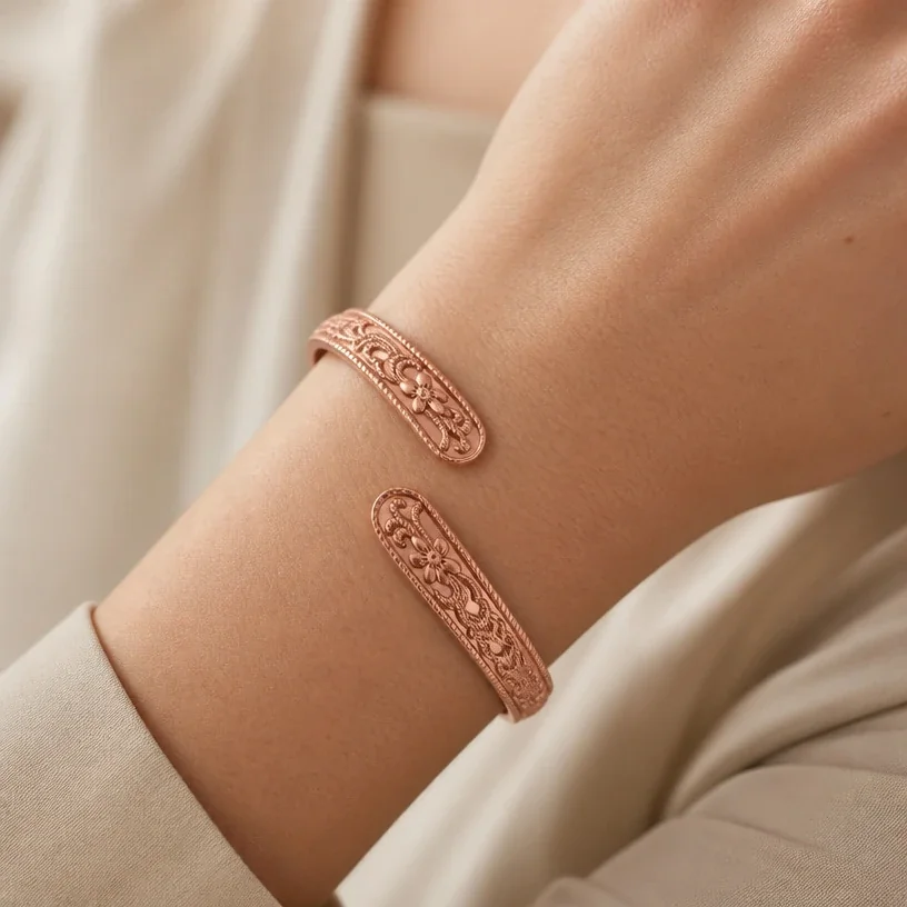 Ornate Copper Floral Scroll Rope-Edge Open Cuff Bangle