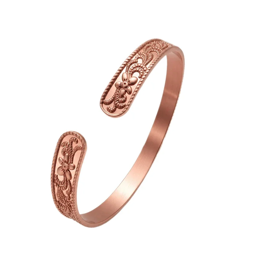 Ornate Copper Floral Scroll Rope-Edge Open Cuff Bangle