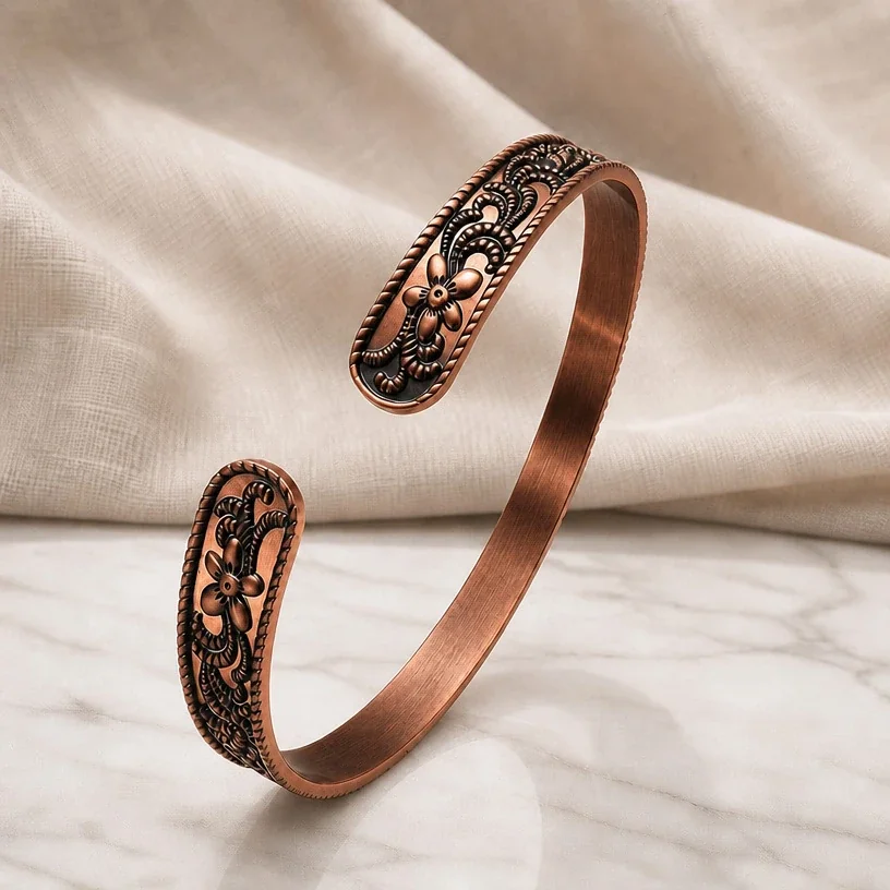 Ornate Copper Floral Scroll Rope-Edge Open Cuff Bangle - Antique Copper