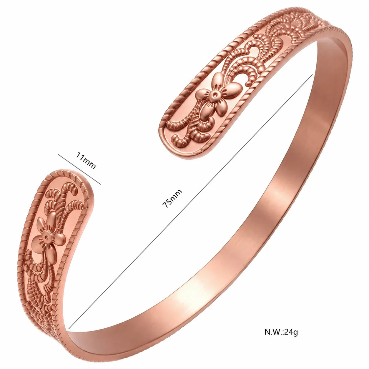 Ornate Copper Floral Scroll Rope-Edge Open Cuff Bangle - Copper
