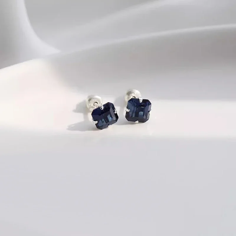 Midnight-Blue Square Sapphire 925 Sterling Silver Stud Earrings