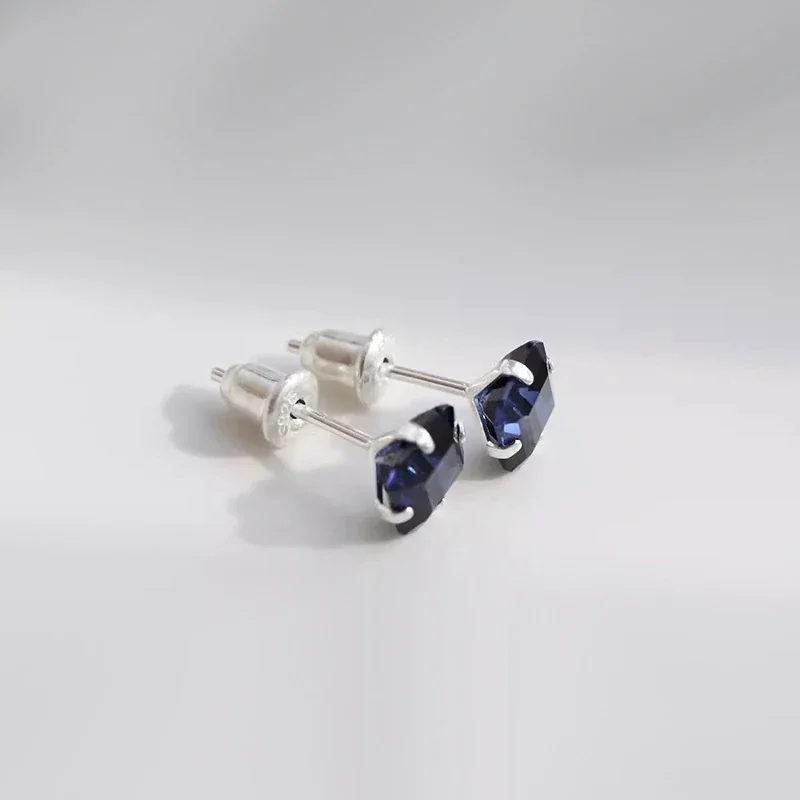 Midnight-Blue Square Sapphire 925 Sterling Silver Stud Earrings