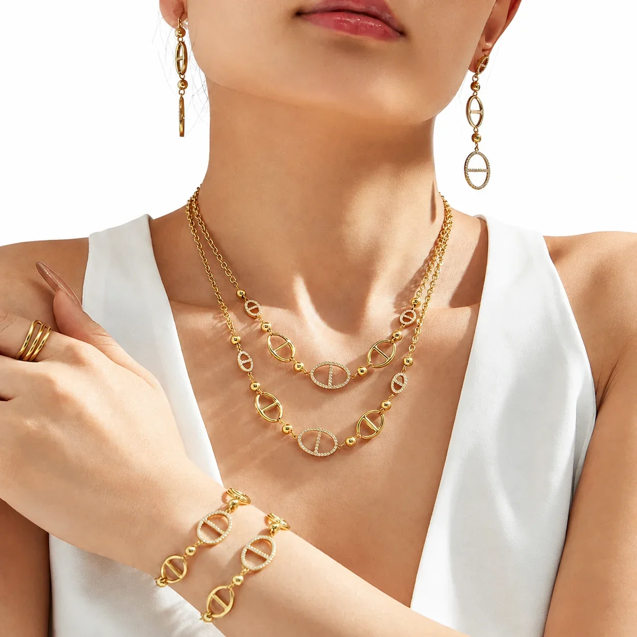 Geometric Gold-Plated Oval Link Stainless Steel Jewelry Set