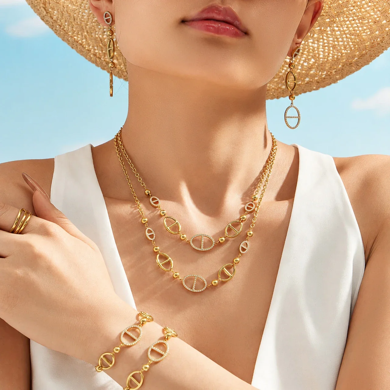 Geometric Gold-Plated Oval Link Stainless Steel Jewelry Set