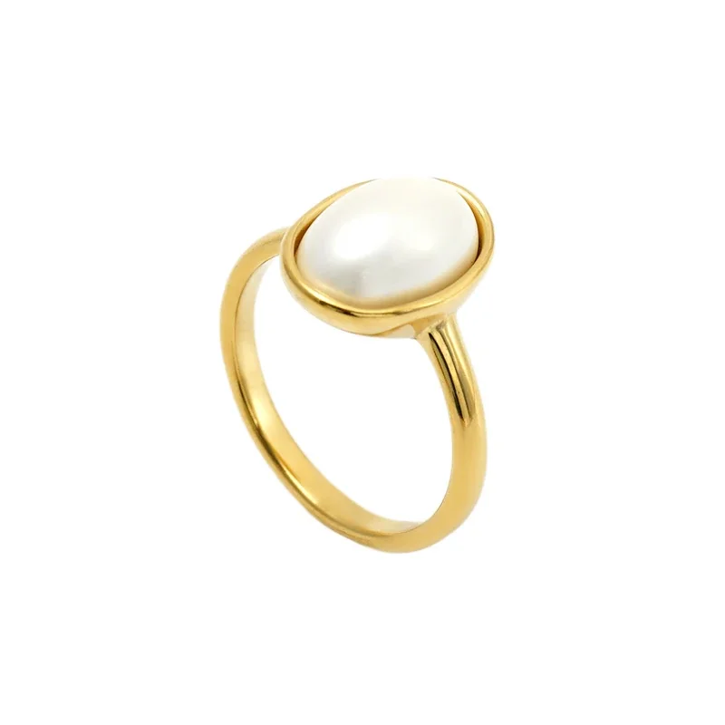 Luminous Gold-Plated Stainless Steel Oval Pearl-Effect Ring