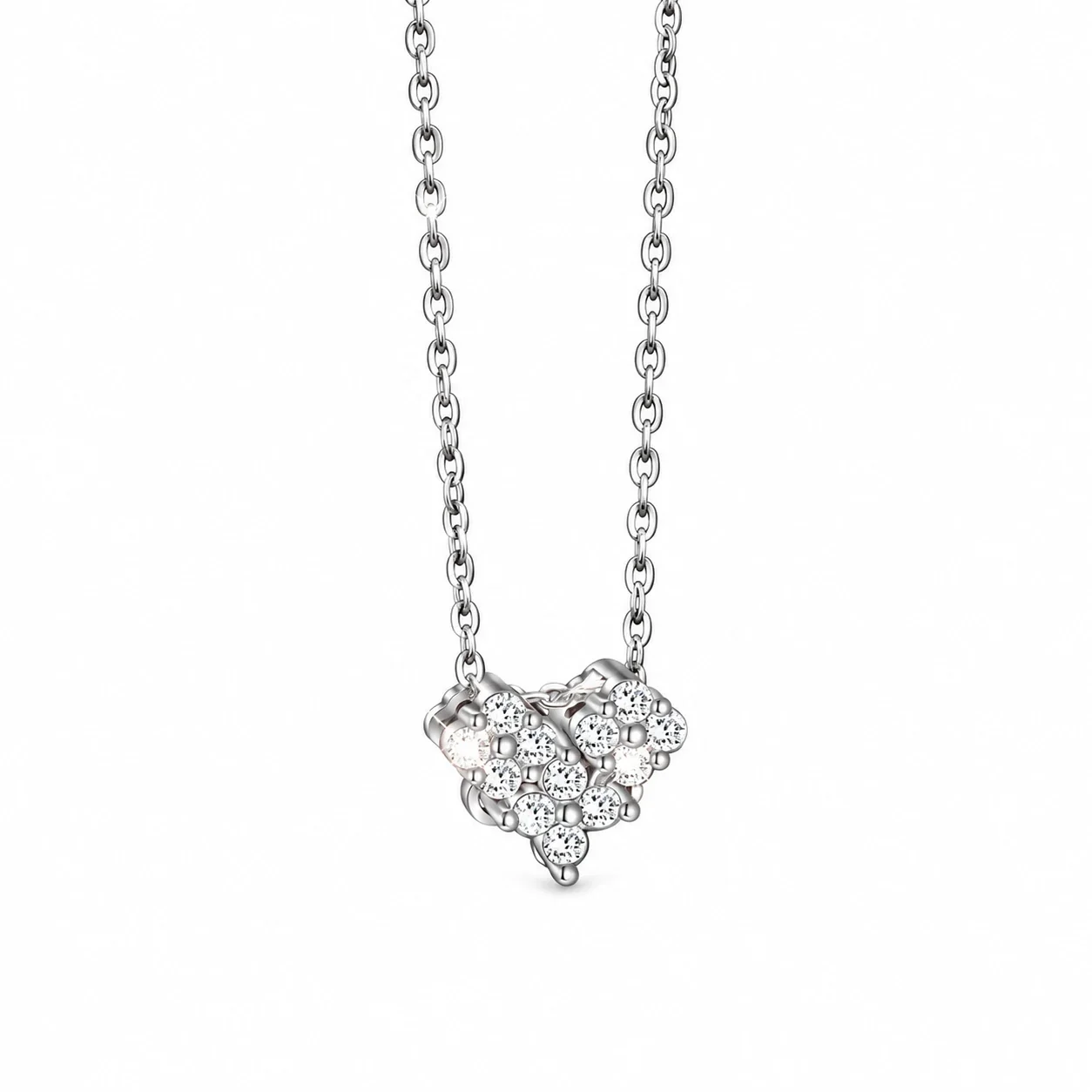 Dainty 925 Sterling Silver Round Crystal Cluster Heart Necklace