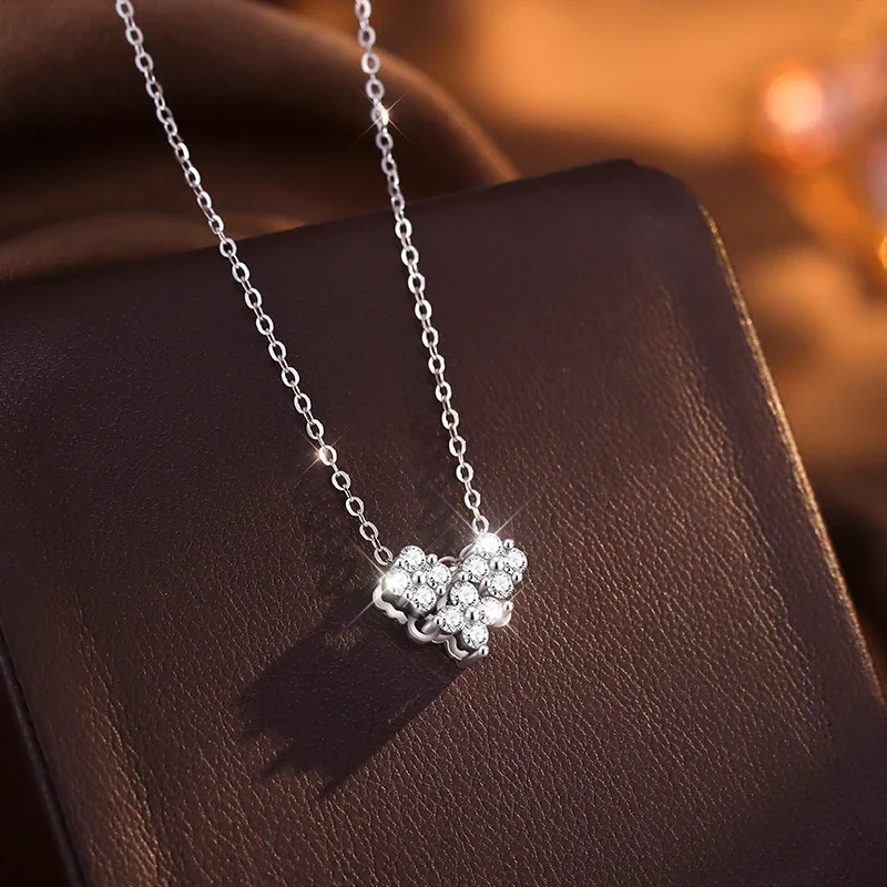 Dainty 925 Sterling Silver Round Crystal Cluster Heart Necklace