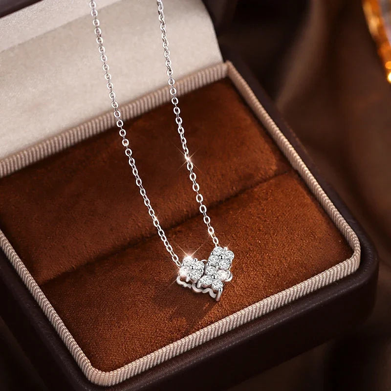 Dainty 925 Sterling Silver Round Crystal Cluster Heart Necklace