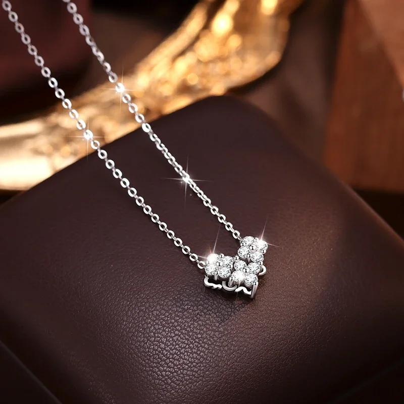 Dainty 925 Sterling Silver Round Crystal Cluster Heart Necklace