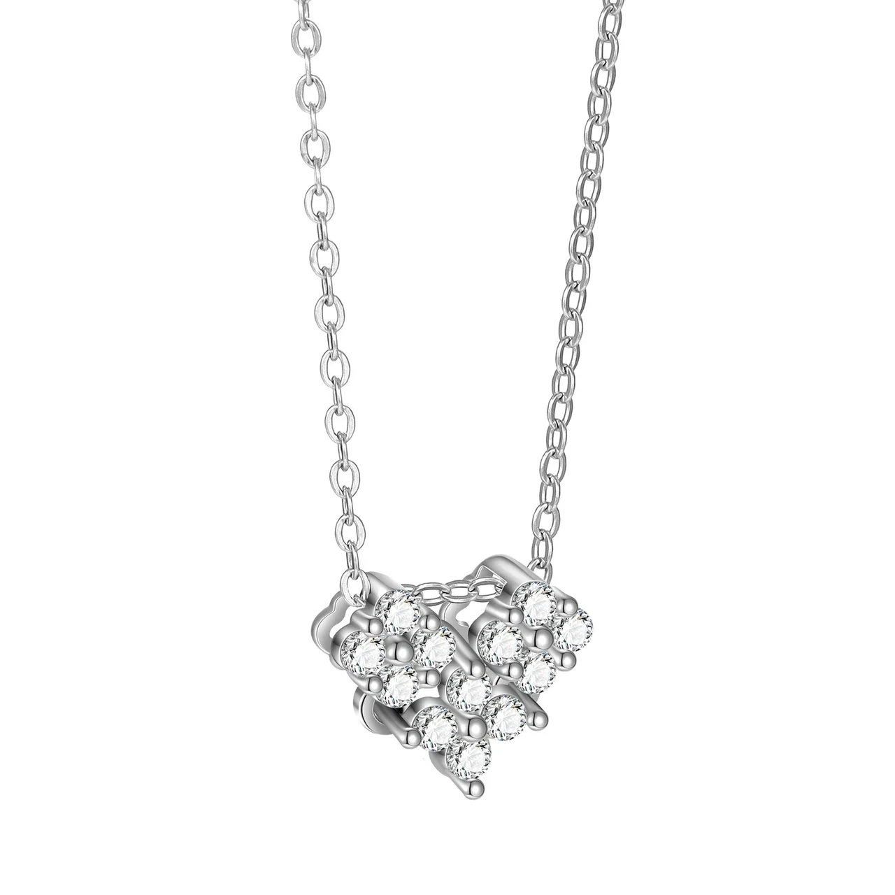 Dainty 925 Sterling Silver Round Crystal Cluster Heart Necklace - Silver