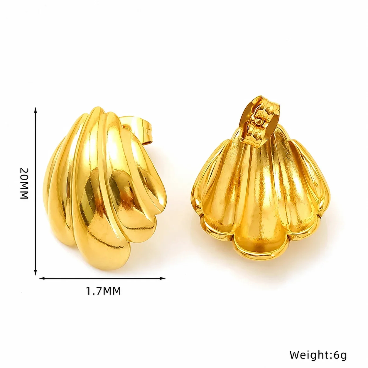 Sculptural Scallop Ribbed Stainless Steel Stud Earrings - Gold