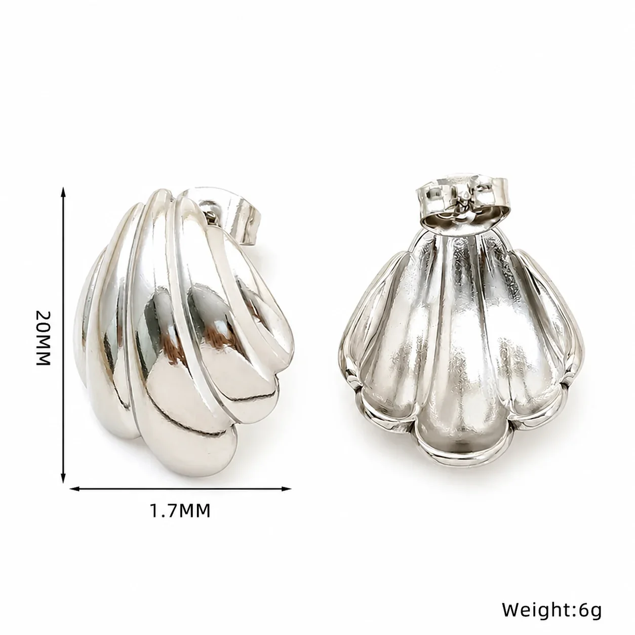Sculptural Scallop Ribbed Stainless Steel Stud Earrings - Silver