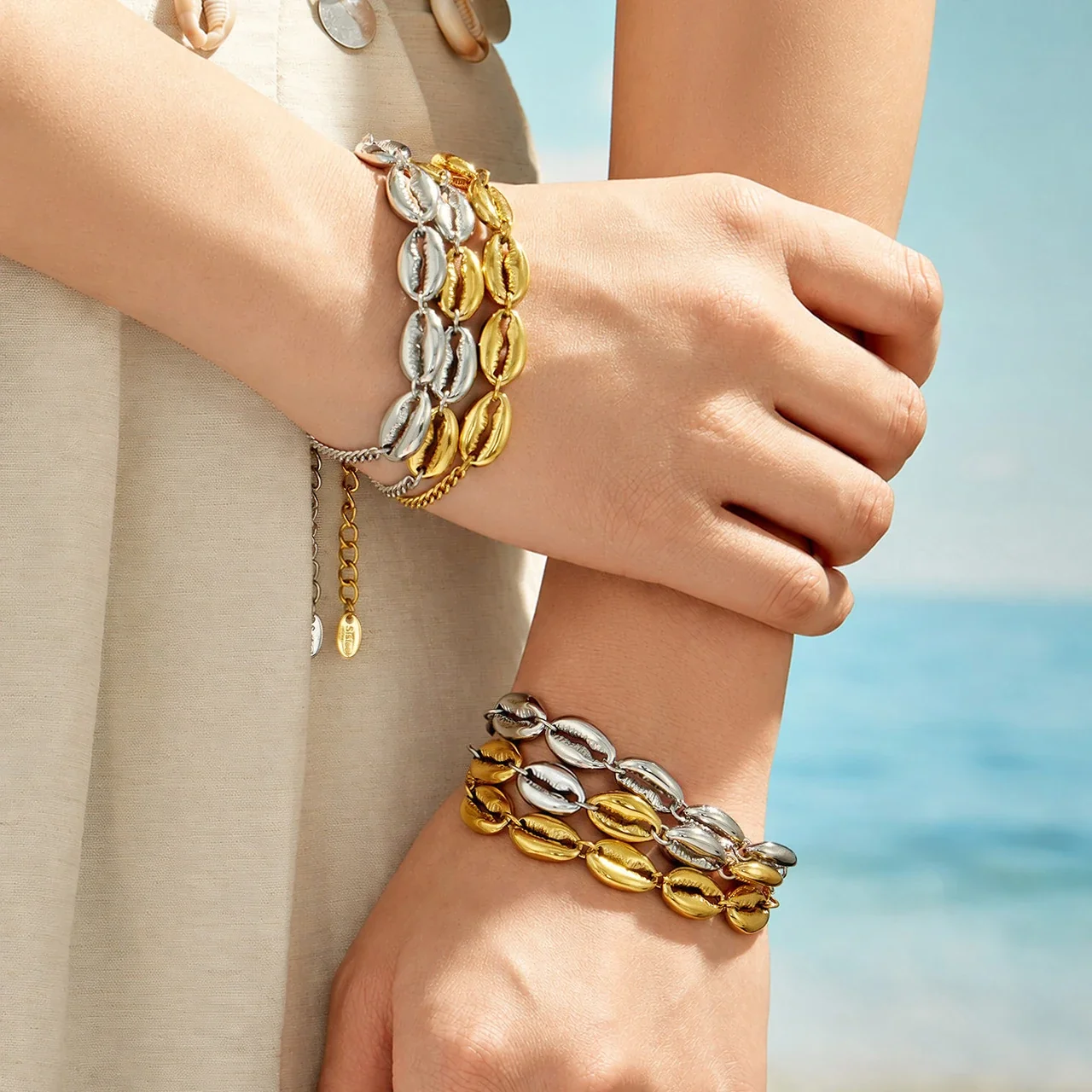 Coastal Gold PVD Cowrie Shell Curb Chain Bracelet
