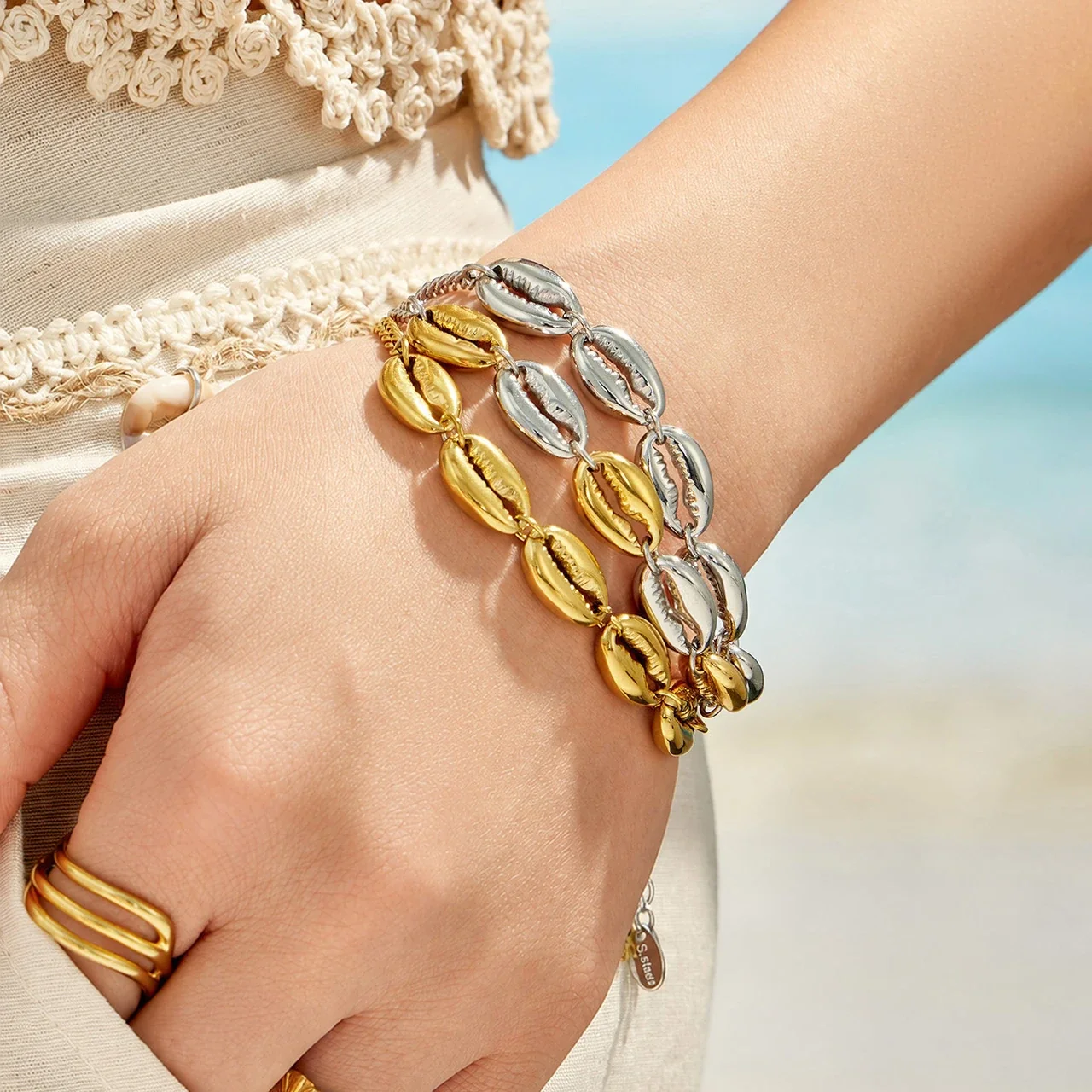 Coastal Gold PVD Cowrie Shell Curb Chain Bracelet