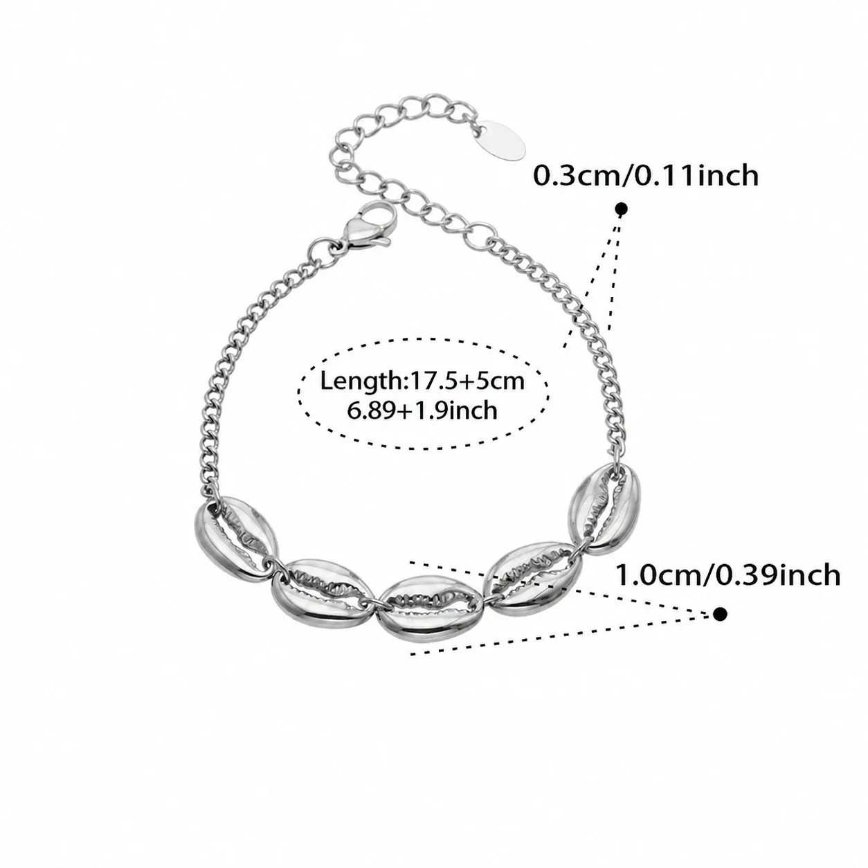 Coastal Gold PVD Cowrie Shell Curb Chain Bracelet - Silver Shell 17.5+5 cm