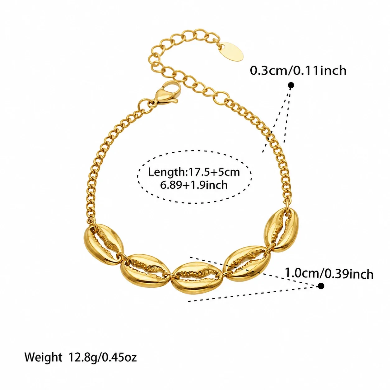 Coastal Gold PVD Cowrie Shell Curb Chain Bracelet - Gold Shell 17.5+5 cm