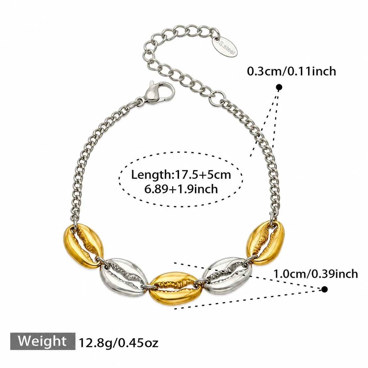 Coastal Gold PVD Cowrie Shell Curb Chain Bracelet - Two-Tone Shell 17.5+5 cm