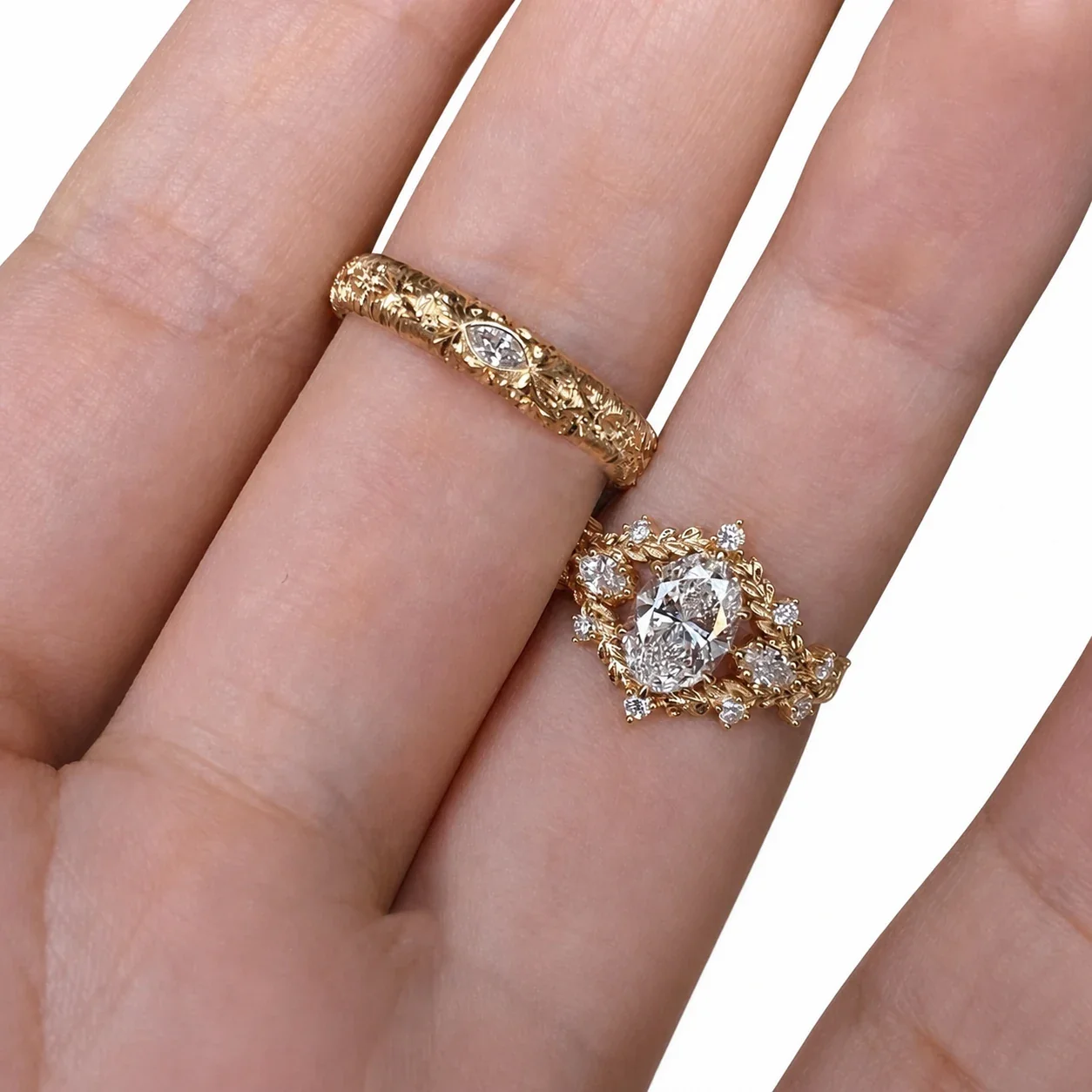 Ornate Gold-Plated Copper Vine Oval/Marquise CZ Ring
