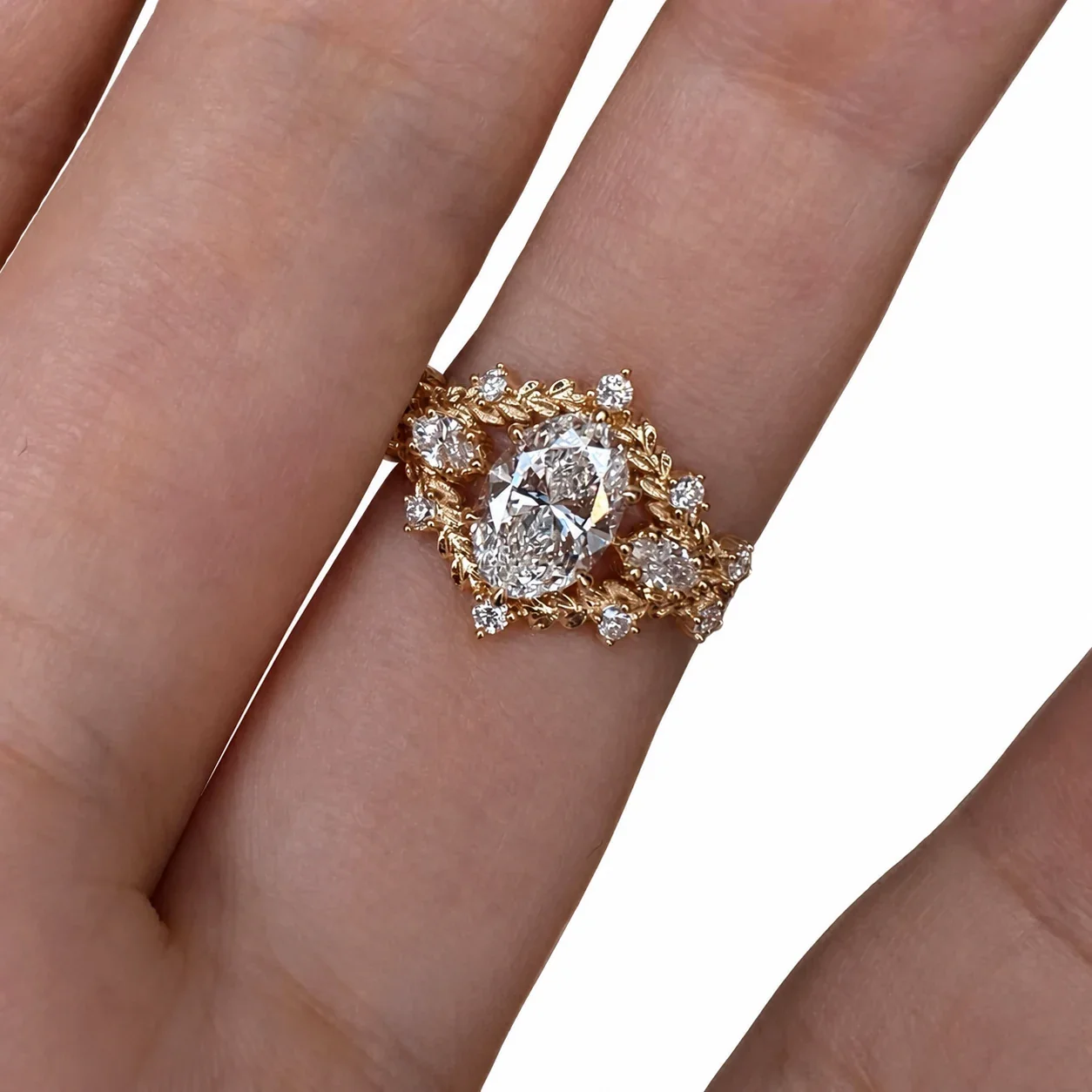 Ornate Gold-Plated Copper Vine Oval/Marquise CZ Ring - Gold Oval CZ