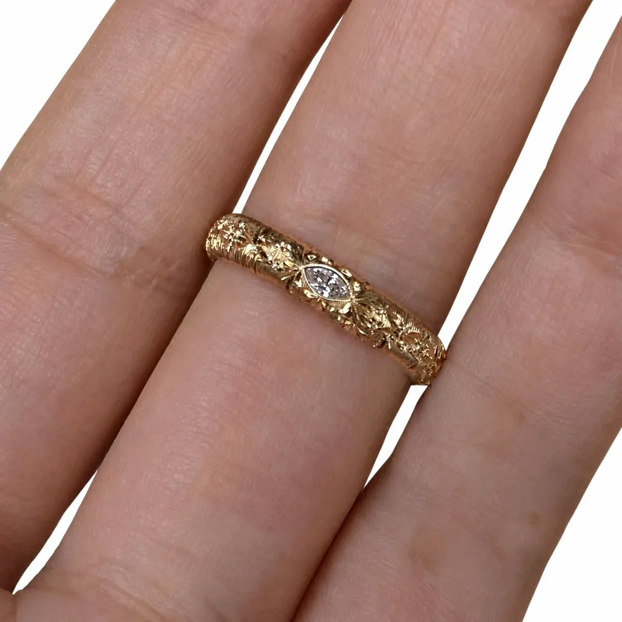 Ornate Gold-Plated Copper Vine Oval/Marquise CZ Ring - Gold Marquise CZ