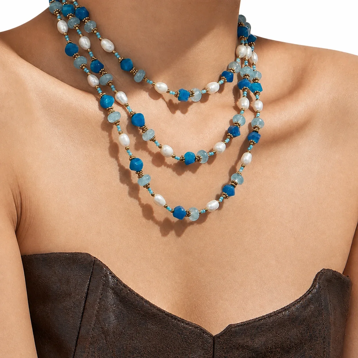 Vivid 18K Gold-Plated Blue Faceted Bead Freshwater Pearl Necklace
