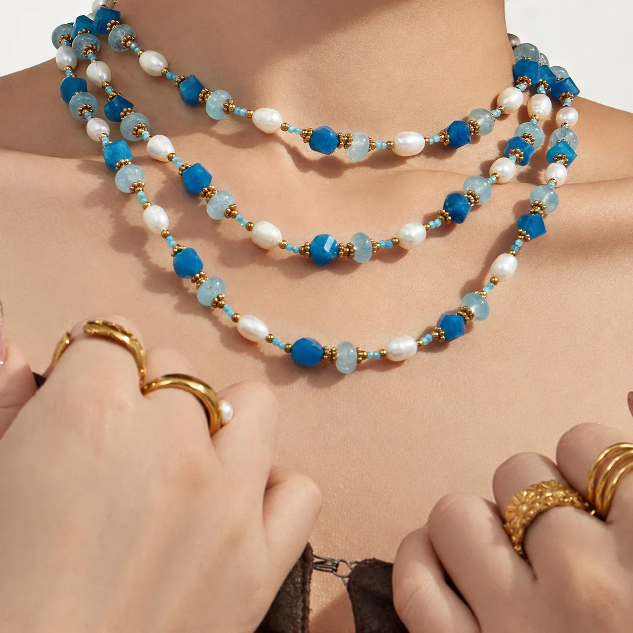 Vivid 18K Gold-Plated Blue Faceted Bead Freshwater Pearl Necklace