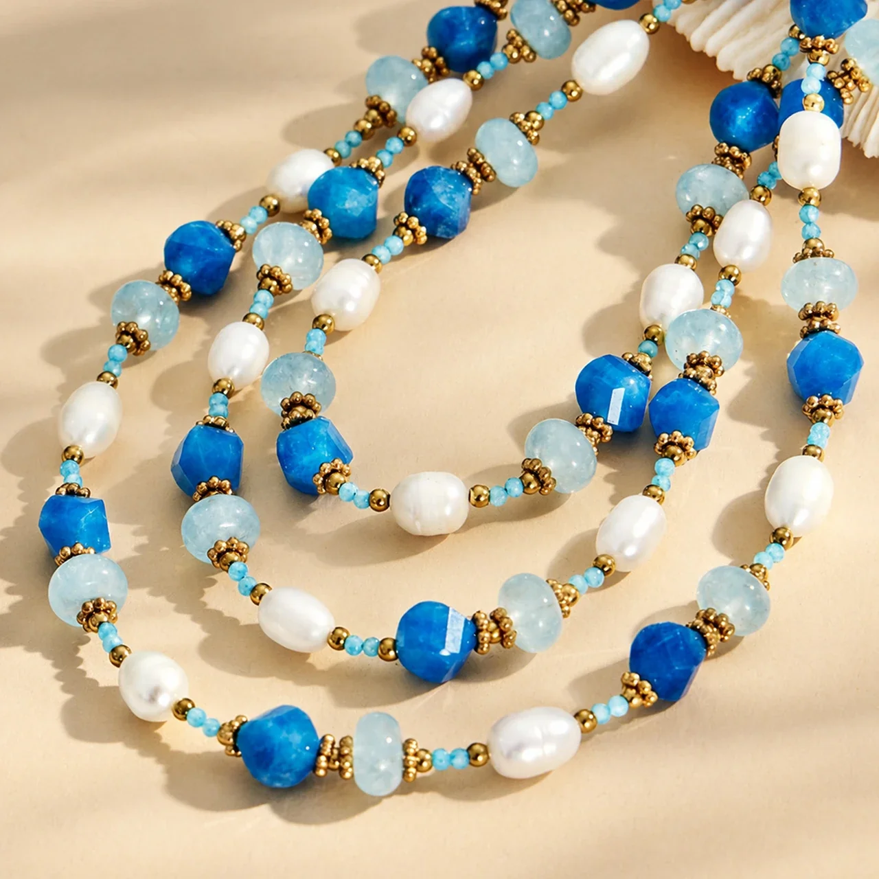 Vivid 18K Gold-Plated Blue Faceted Bead Freshwater Pearl Necklace