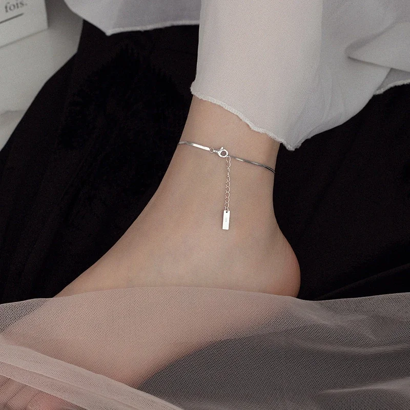 Sleek 925 Sterling Silver Snake Chain Bar Tag Anklet