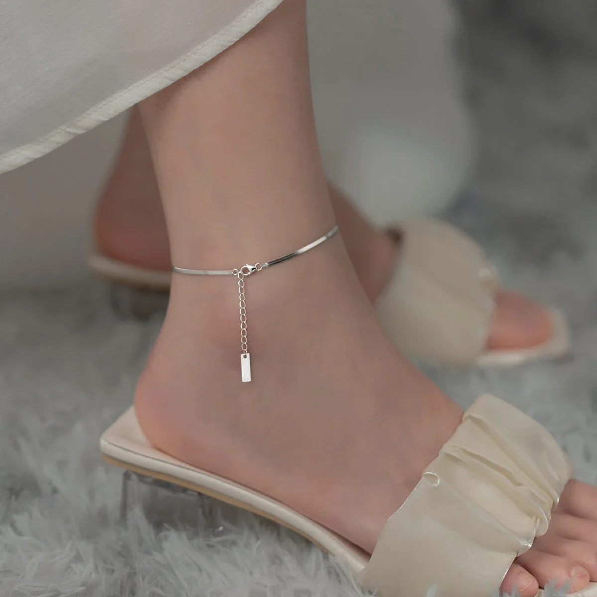 Sleek 925 Sterling Silver Snake Chain Bar Tag Anklet