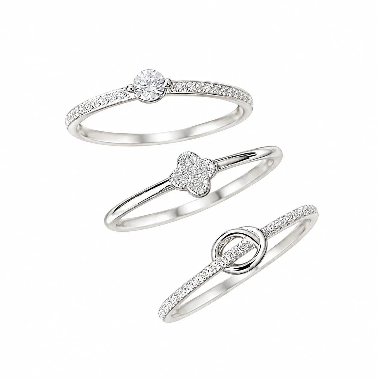 Delicate 925 Sterling Silver Clover Pavé Open Ring