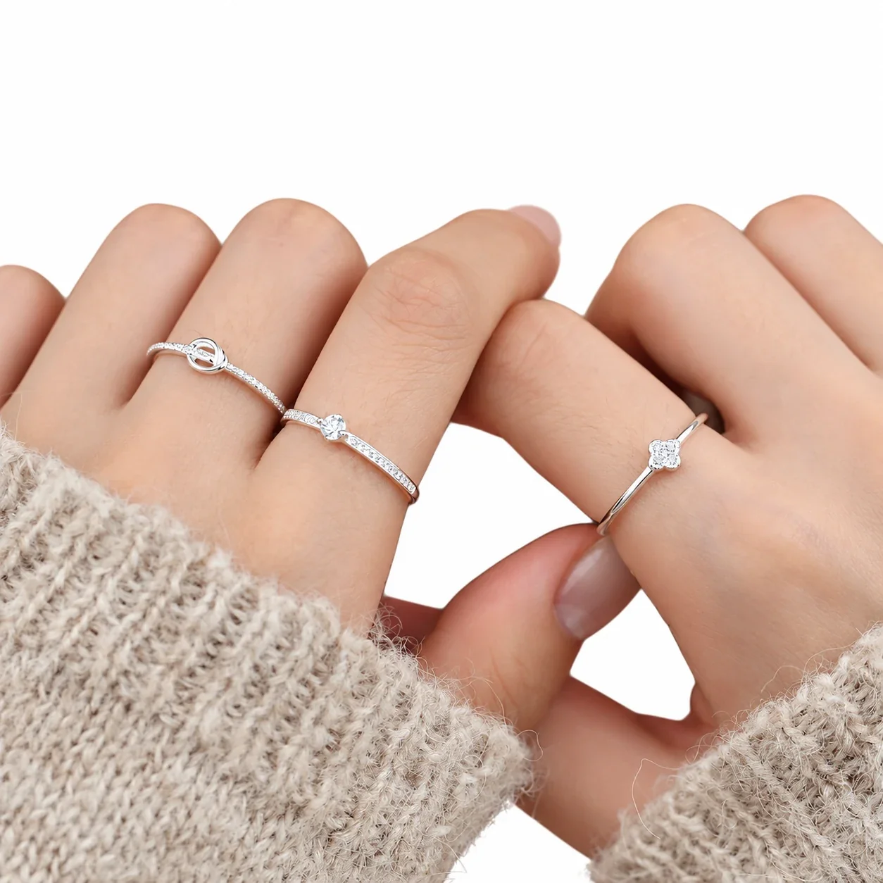 Delicate 925 Sterling Silver Clover Pavé Open Ring