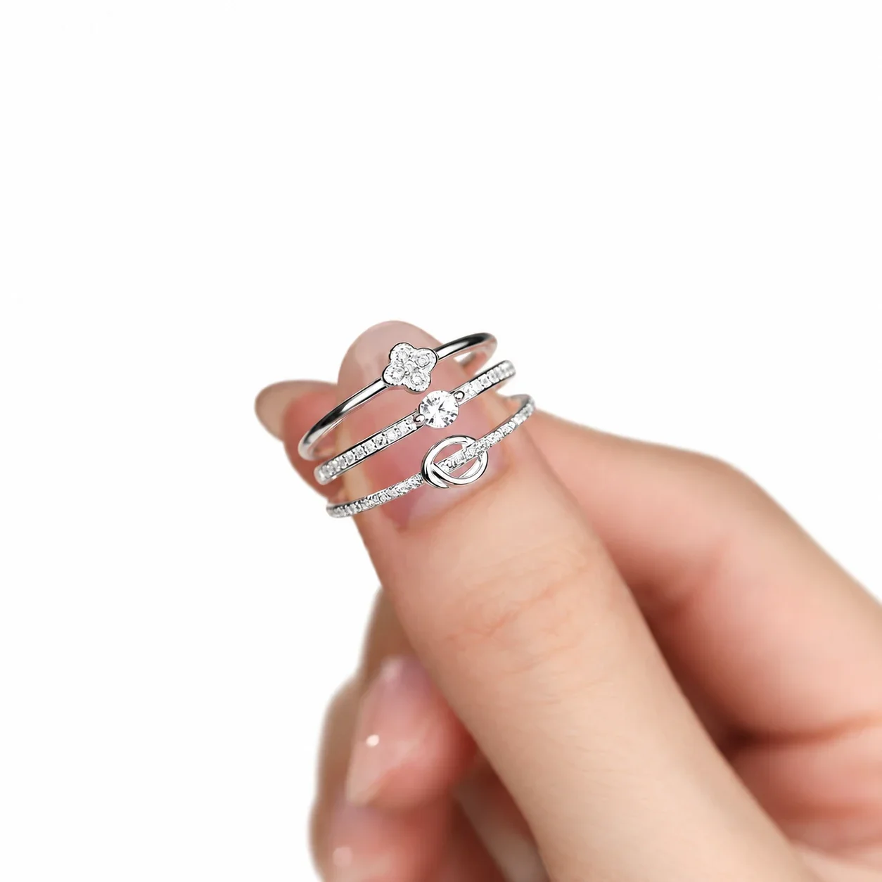 Delicate 925 Sterling Silver Clover Pavé Open Ring