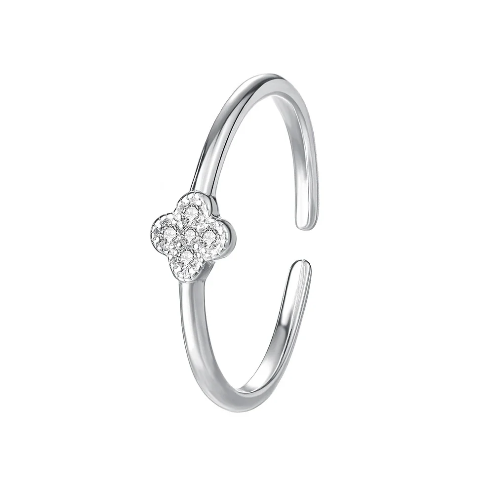 Delicate 925 Sterling Silver Clover Pavé Open Ring - Silver Clear Cubic Zirconia