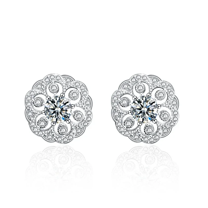Ornate 925 Sterling Silver Floral Pavé Stud Earrings