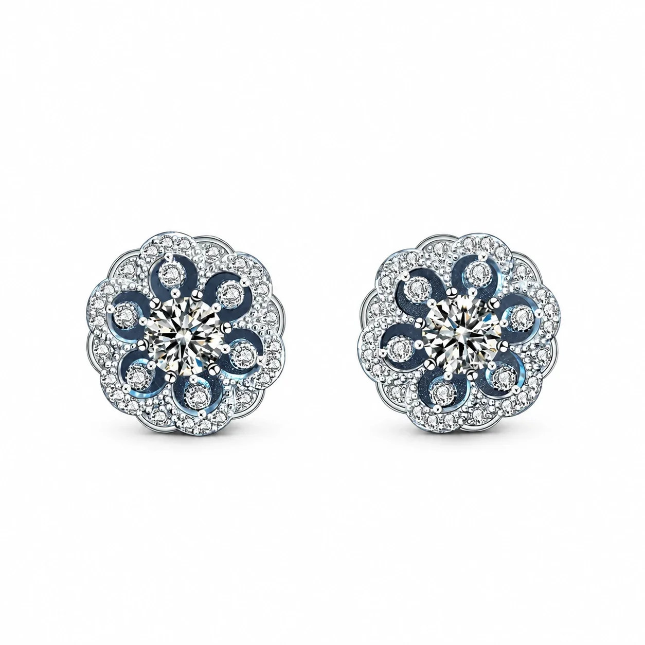 Ornate 925 Sterling Silver Floral Pavé Stud Earrings