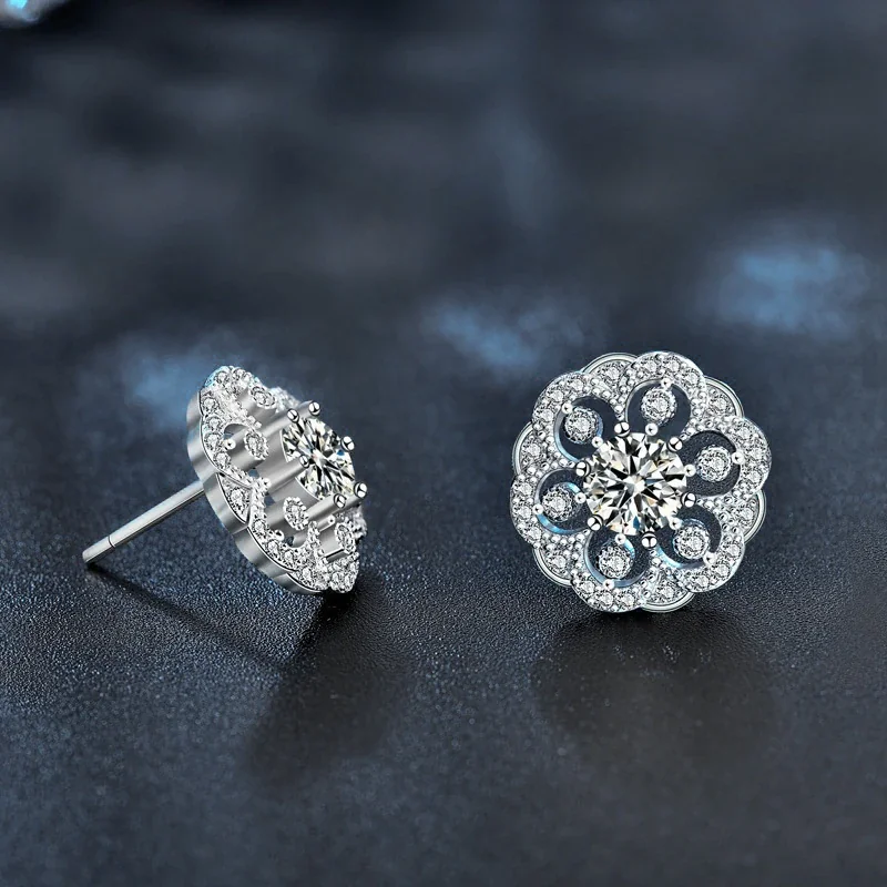 Ornate 925 Sterling Silver Floral Pavé Stud Earrings