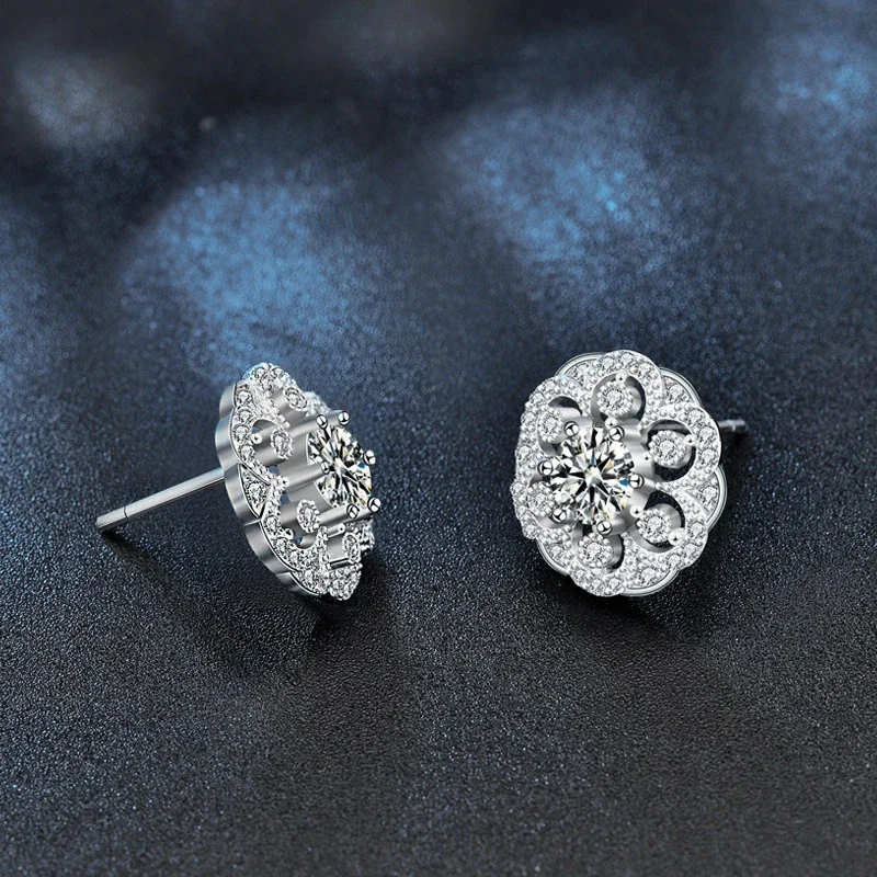 Ornate 925 Sterling Silver Floral Pavé Stud Earrings