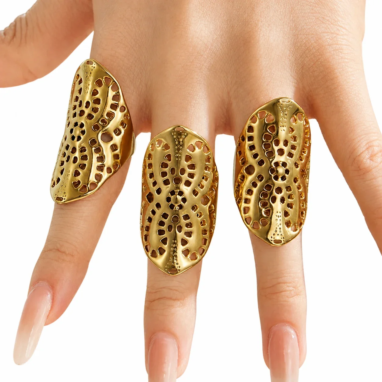 Sculptural Gold-Plated Stainless Steel Cutout Dome Ring