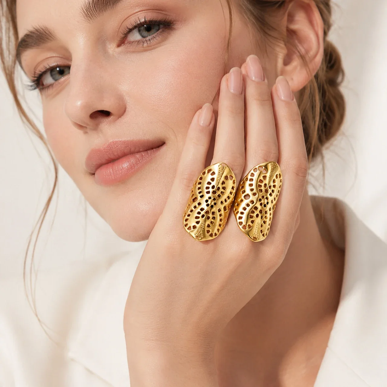 Sculptural Gold-Plated Stainless Steel Cutout Dome Ring