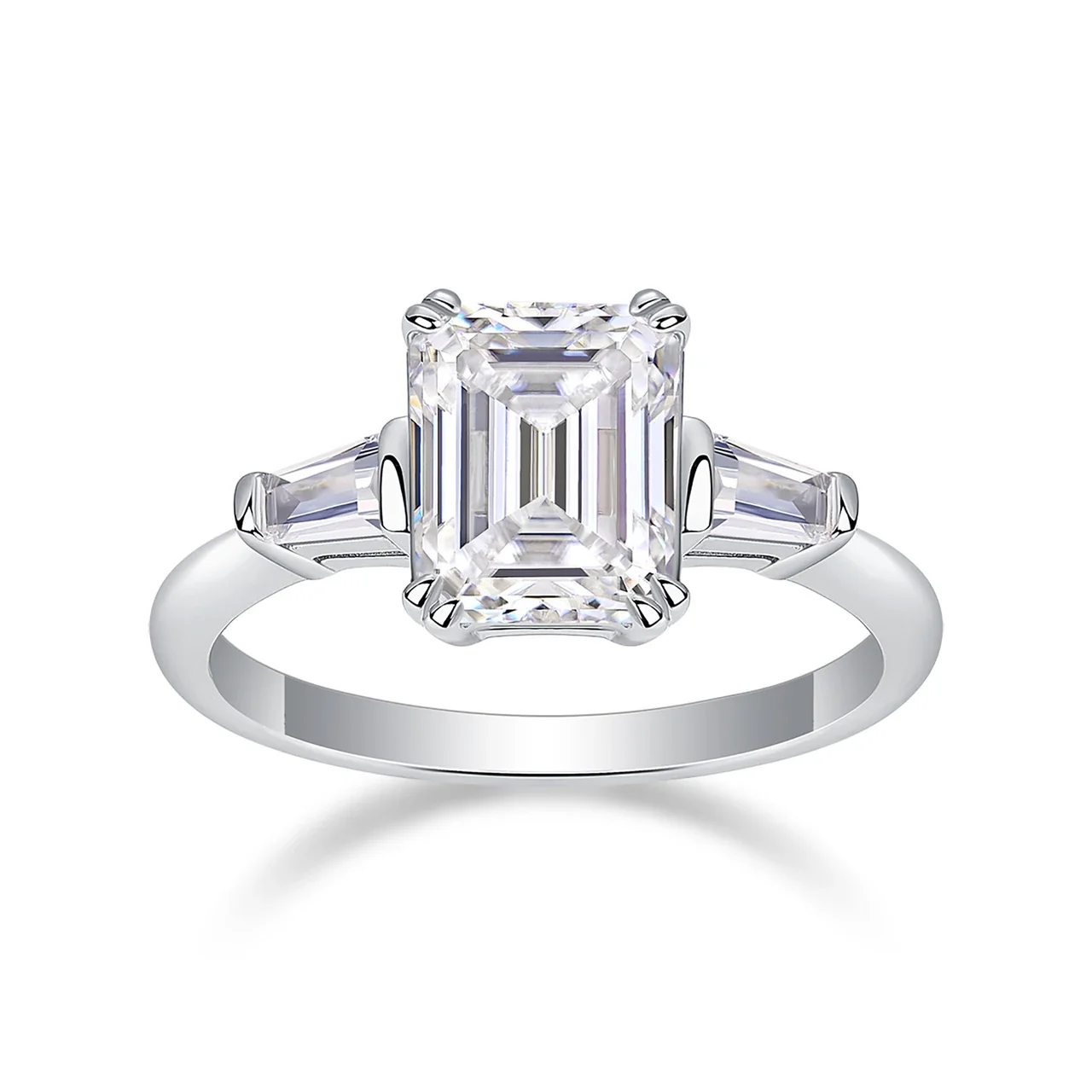 Radiant 925 Sterling Silver Three-Stone Emerald-Cut Moissanite Ring