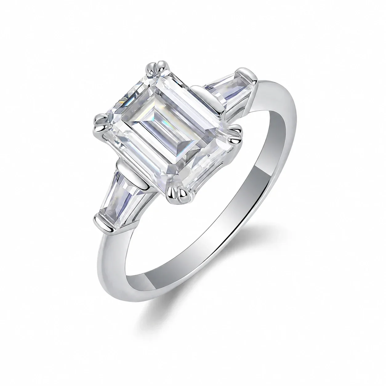 Radiant 925 Sterling Silver Three-Stone Emerald-Cut Ring