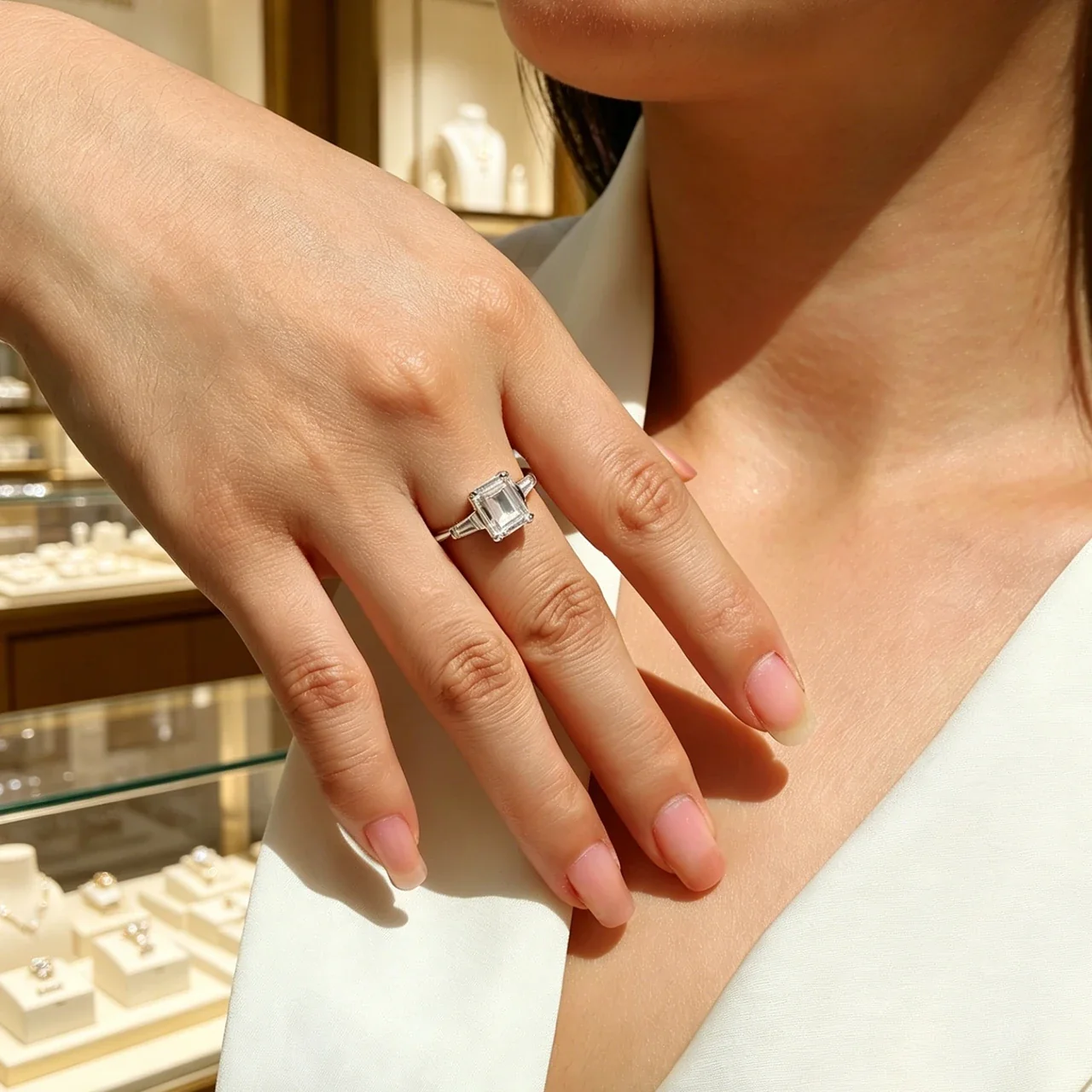 Radiant 925 Sterling Silver Three-Stone Emerald-Cut Ring