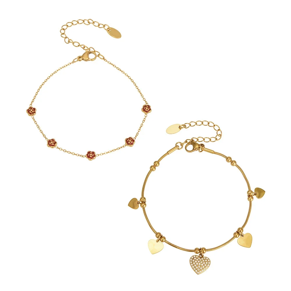 Romantic Heart Charm 18K Gold-Plated Snake Chain Bracelet
