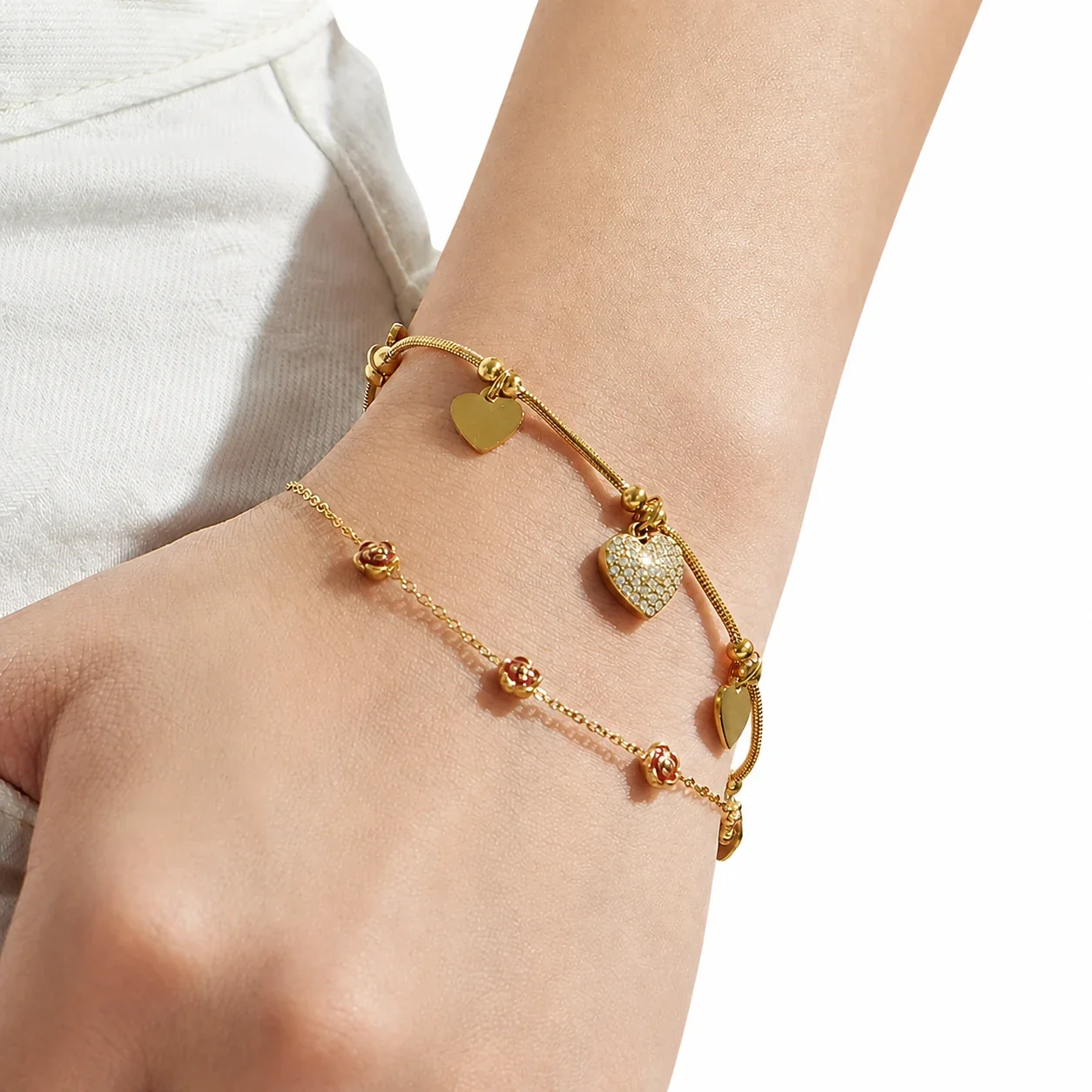 Romantic Heart Charm 18K Gold-Plated Snake Chain Bracelet