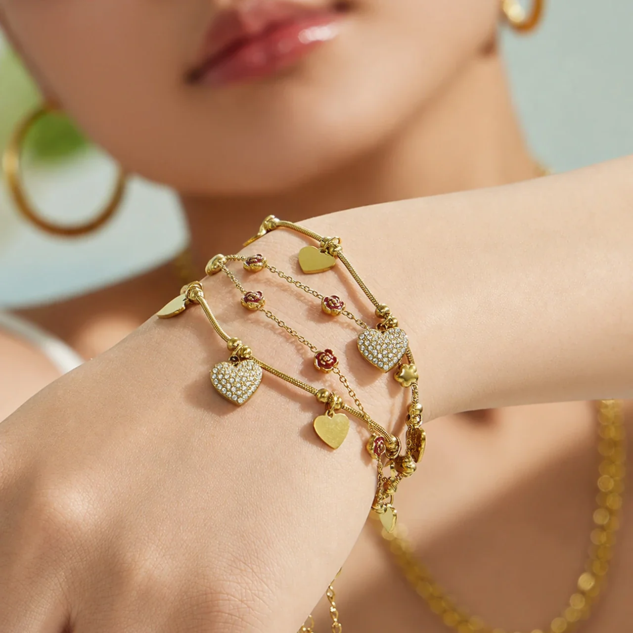 Romantic Heart Charm 18K Gold-Plated Snake Chain Bracelet