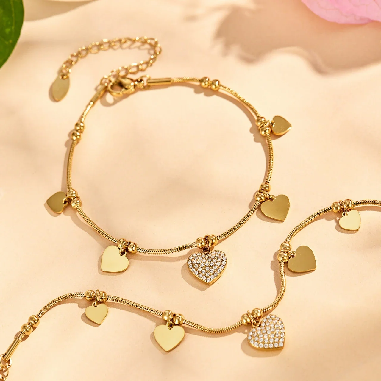 Romantic Heart Charm 18K Gold-Plated Snake Chain Bracelet