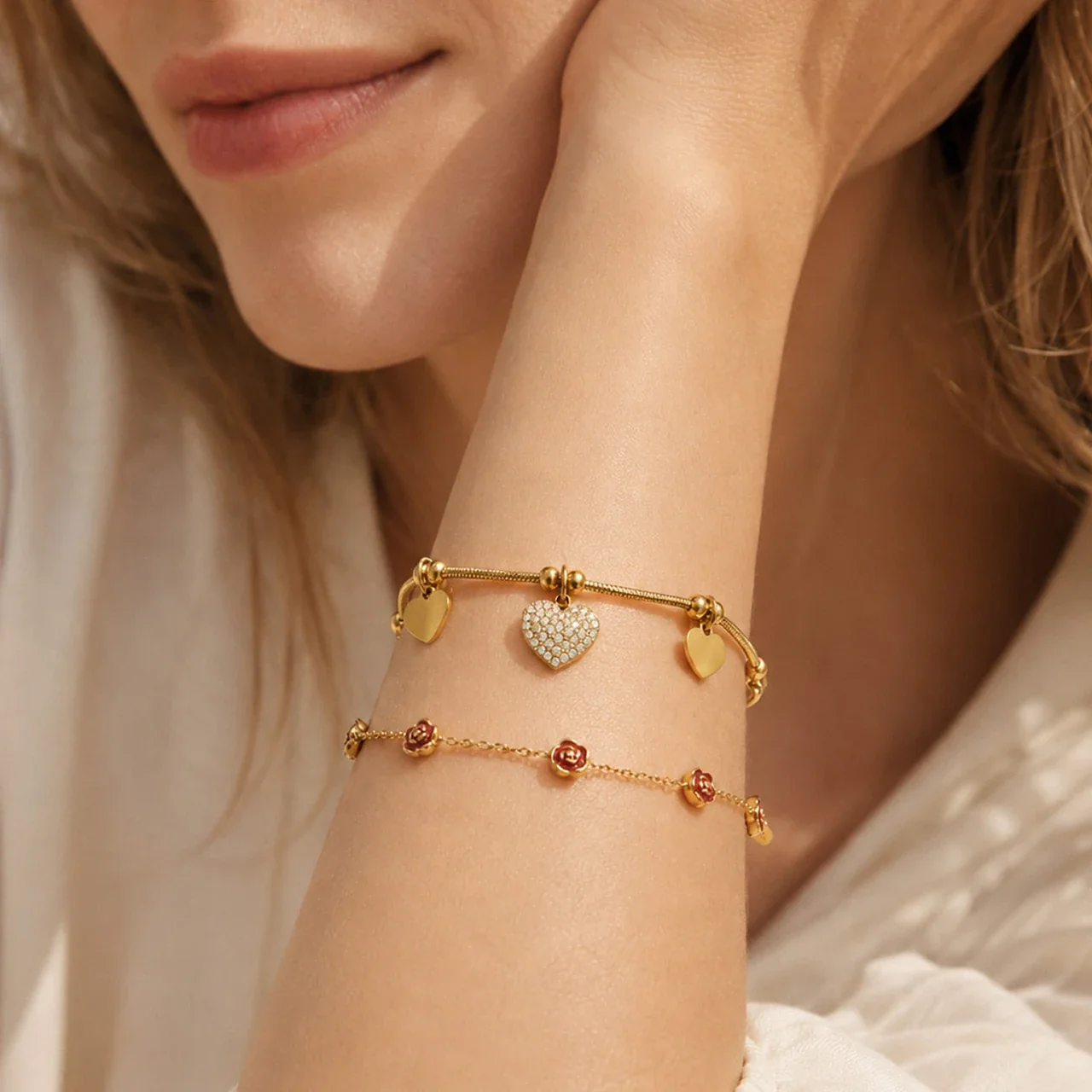 Romantic Heart Charm 18K Gold-Plated Snake Chain Bracelet