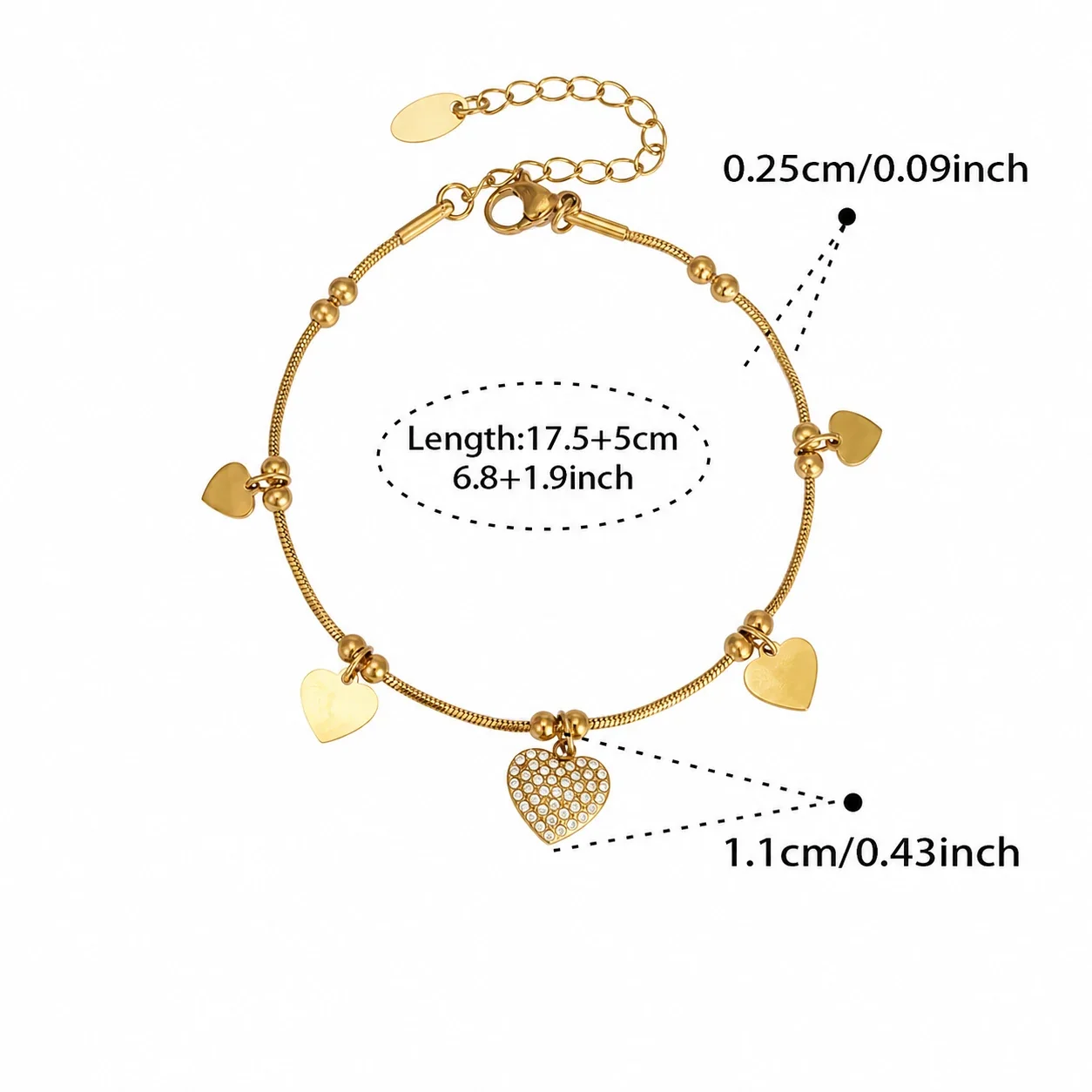 Romantic Heart Charm 18K Gold-Plated Snake Chain Bracelet - Gold Heart CZ 17.5+5 cm