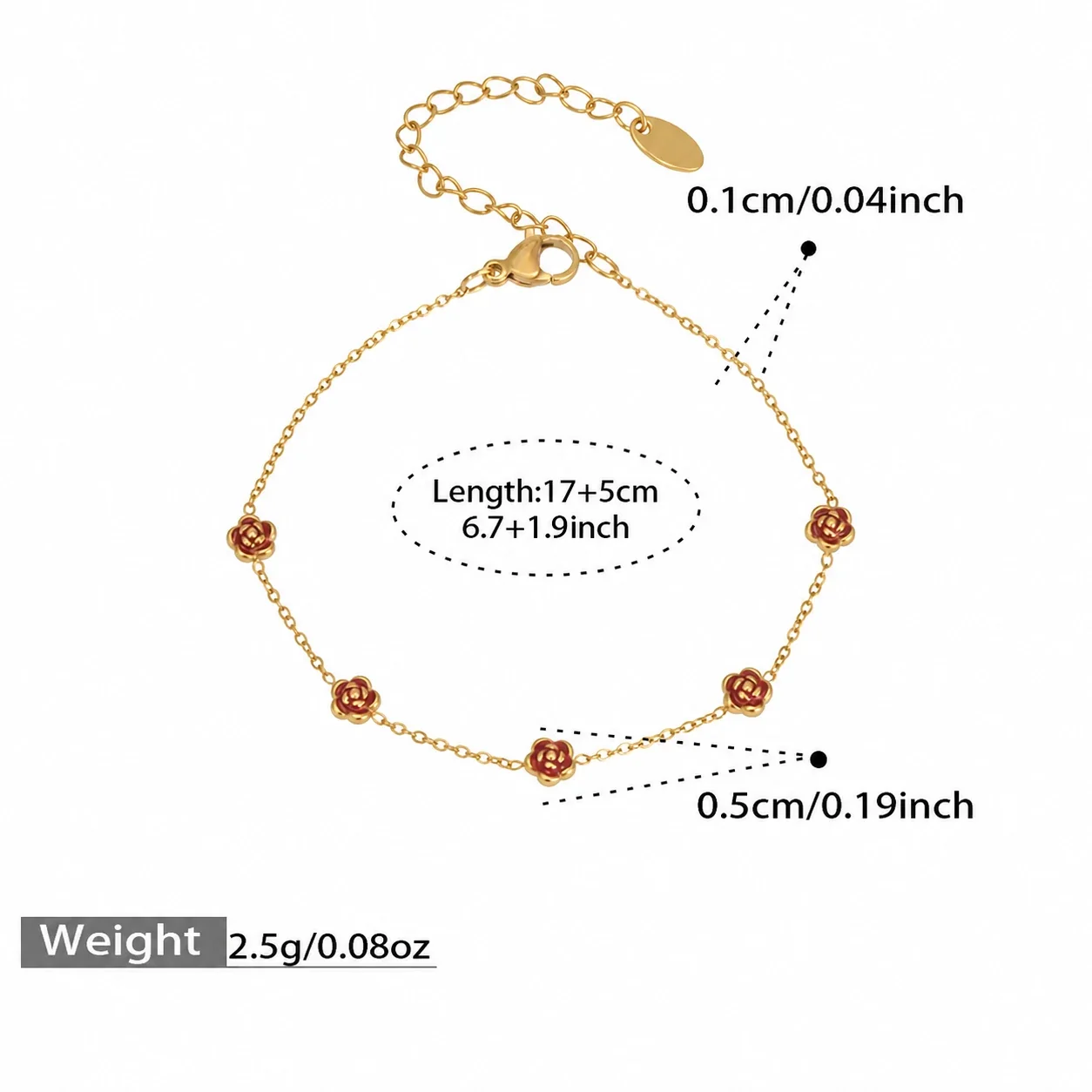 Romantic Heart Charm 18K Gold-Plated Snake Chain Bracelet - Gold Rose 17+5 cm