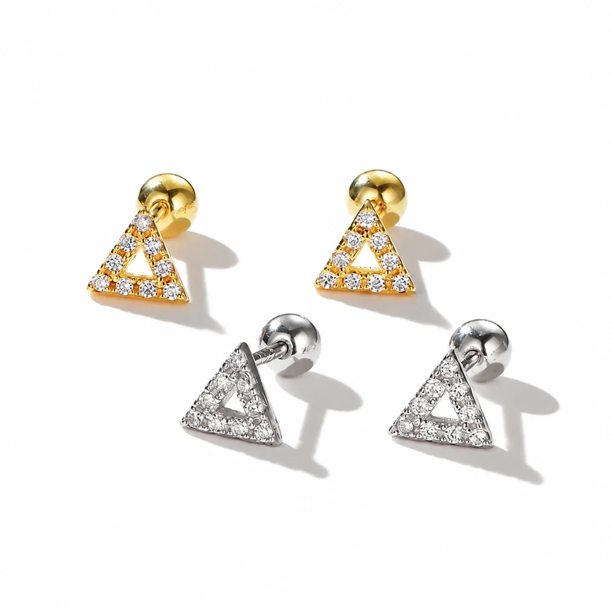 Geometric Open Triangle Pave 925 Sterling Silver Stud Earrings